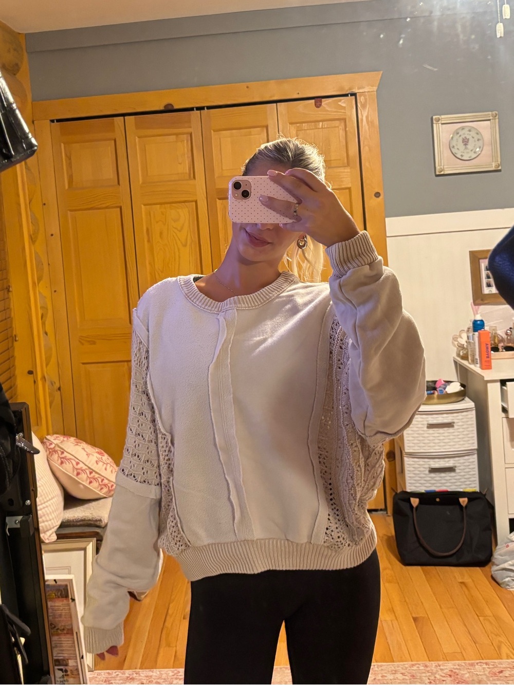 Altar'd State Cream Openwork-Sleeve Crewneck Sweater